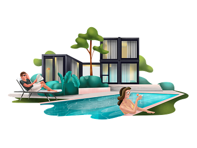 Landing Page Illustration adobeillustrator art couple couplebythepool design graphic house illustration landingpage landingpageillustration likakedelashvili likawallace manandwoman pool