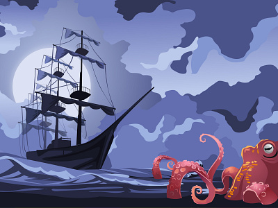 Attack or not adobeillustrator art design graphic illustration kraken likakedelashvili likawallace ocean sea ship vector vectorillustration waves
