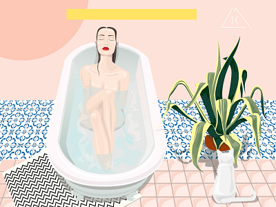 Illustration Woman in Tub cat illustration plant tub woman