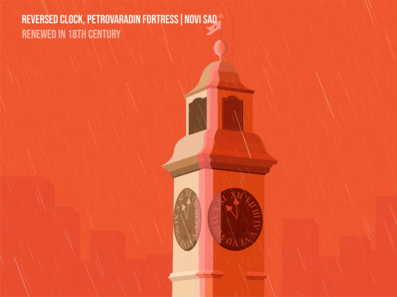 Reversed Clock Animation 2d animation animation 2d architecture clocktower novi sad orange petrovaradin fortress rain reversed serbia