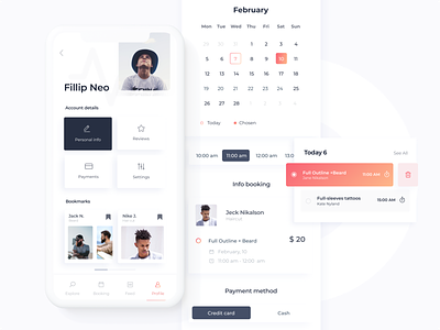 Booking App .The concept with booking feature for LookTone account profile app design appointment booking booking system bookmarks calendar cards clean ui ios light ui minimalism mobile app mobile app design payment app time time appointment ui user profile ux