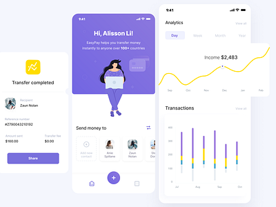 EasyPay - Virtual currency wallet - Mobile app banking app card design chart clean ui currency design graphs illustration ios minimalistic mobile app mobile app design mobile ui payment card popup transactions transfer completed ui ux wallet app