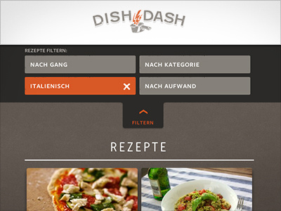 Dish Dash dropdown menu navigation recipe tabs website