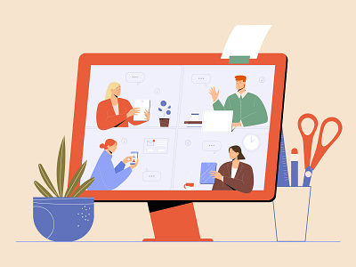Online Meeting app business character characterdesign design display flat home office illustration illustrator minimal online screen vector vectorart