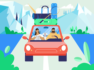 Travel partners car character design dog driver illustration illustrator minimal mountains nature people pet travel vector vectorart web illustration website