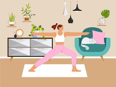 Yoga at home animal cat character characterdesign design flat girl home illustration illustrator interior minimal sport vector vectorart web illustration website illustration yoga