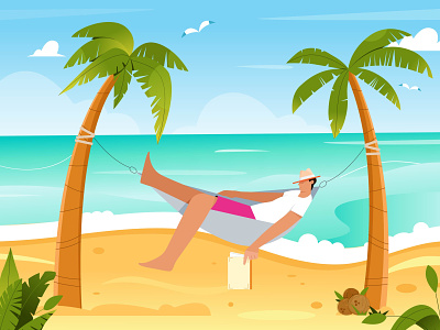 In a hammock character characterdesign design flat hammock illustration illustrator man minimal palm trees summer vacation vector vectorart web illustration website illustration