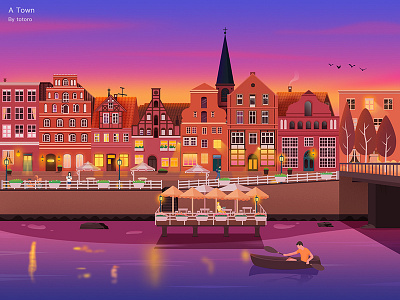 Town boat house illustration light river sunset glow town