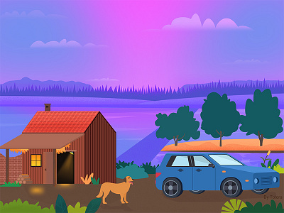 Hometown car cloud dog house illustration sea tree