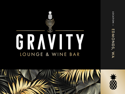 GRAVITY Lounge & Wine Bar — Logo Design bar black brand design gold logo lounge modern pineapple pnw seattle tropical washington wine