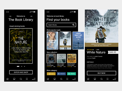 The Book Library App Black android app app design app concept apple application black book book library books design device illustration interface library mobile app reading ui ux vector
