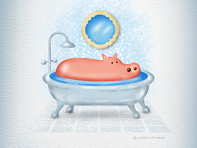Hippo Tub Time bathroom art character design childrens book hand drawn hippo drawing illustration retro textured