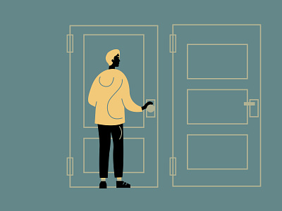 Trying to choose the right way 2d abstract character choice concept doors illustration interior man outline vector