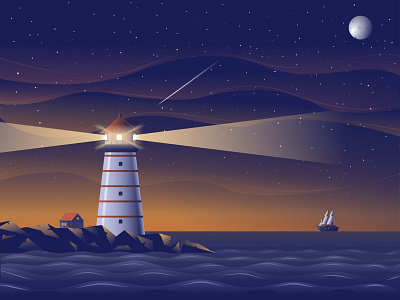 The Lighthouse abstract branding illustration landscape light lighthouse night ocean ship skyțstarsțmoon vector