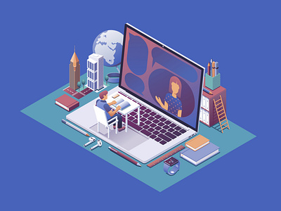 Online learning abstract character education educational illustration illustrator isometric laptop man vector