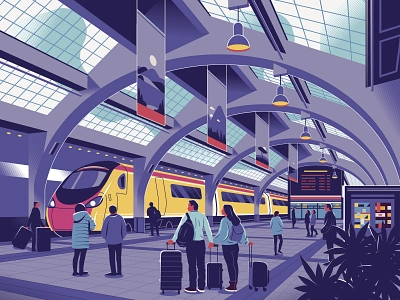 Departure architecture character couple departure design editorial illustration illustrator modern people platform railway station train travel vector waiting