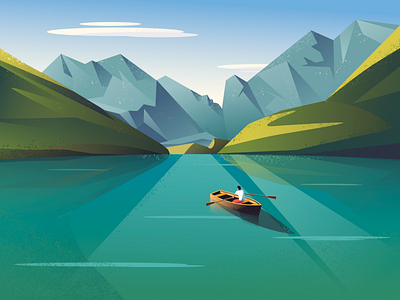 Through new places activity alone boat character illustration landscape man mountain one person outdoor paddle vector