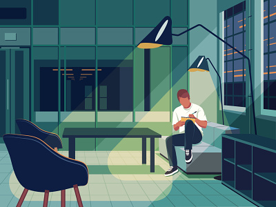 Alone In The Office alone ambient character city complex cover illustration designer employee graphic graphic designer hero illustration illustration illustrator indoors main illustration man night office people vector