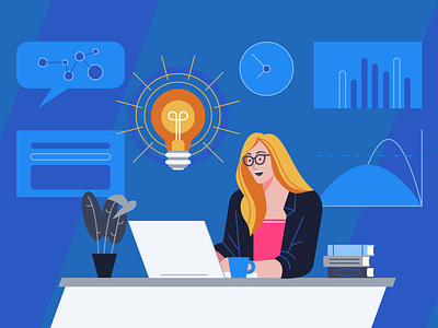 AHA! Moment abstract bulb character computer experience flat design illustration laptop looking main illustration office surprised technology user vector woman wonder