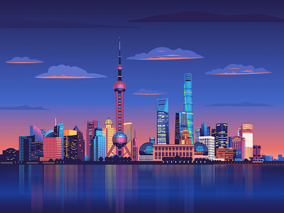 Shanghai Trough My Eyes abstract background china city illustration landscape night panorama poster shanghai vector wallpaper