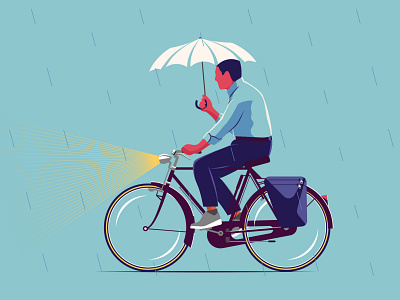 Going Home bicycle character cycling evening flat design illustration man rain raining rider street vector