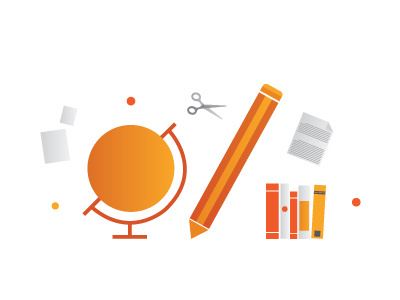 Eductional Business books business education globe illustration orange papers pencil website world