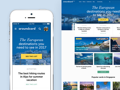 Redesigned home page for the upcoming Aroundcard website blue bold clean homepage map mobile place travel white world yellow