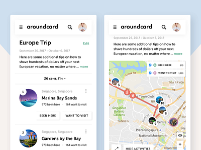 Trip planner UI for Aroundcard ios light map mobile planner route simple travel trip vacation