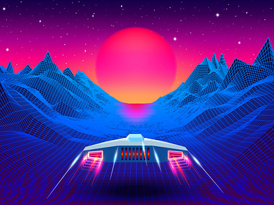 Arcade space ship flying to the sun 3d 80s arcade blue cyberpunk grid illustration landscape mountains neon purple retro retrowave space spaceship sun synthwave vector