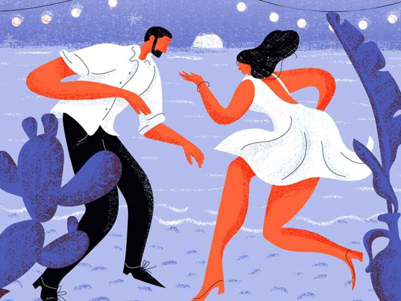 Dancers lights dancers night plants moon beach dance characters illustration