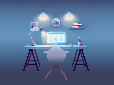 Vector illustration of a working space both during the night. gradient illustration illustrator office vector vector artwork working space