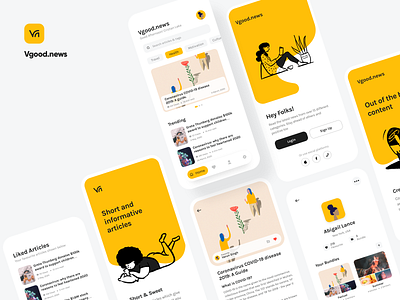 Vgood.news app articles branding cards clean clean ui concept design favourite landing login minimalistic modern news profile search typography ui ux vector