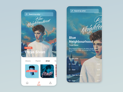 Dribbble Music 2x album app appdesign artist blue concept design modern music music app navigation play search search bar songs troye ui user experience ux design ux ui design