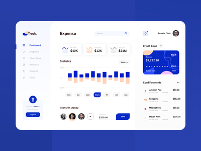 Track. Expense DashBoard barchart blue business card clean creditcard dashboard ecommerce expense expense manager expense tracker income investment minimal money payment statistics transaction uiux white