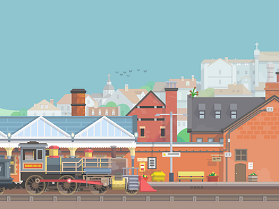 The Landscape of a small town graphic design illustration locomotive platform small town train