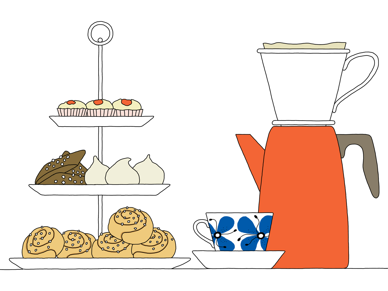 Fika: The Art of the Swedish Coffee Break book illustration coffee cookbook cookies cooking cover artwork drawing editorial art editorial illustration fika food illustration kitchen line drawing lineart published swedish