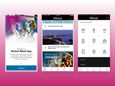 District Wharf App — Onboarding, News Feed, Info digital hz product ui ux