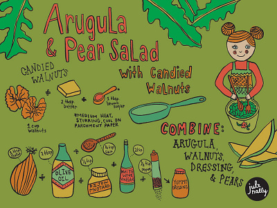 Arugula Pear Salad Recipe arugula characters editorial editorial illustration garden iconography icons illustrated recipe illustration kids illustration playful recipe