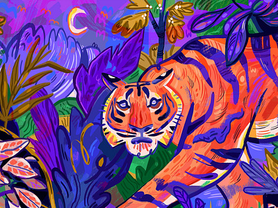 Jungle Tiger animal art cat design forest illustration illustration design jungle moon nature night nighttime outdoors plants tiger wild