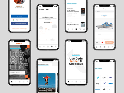 Runners Den: eCommerce Fitness Blog account app article bottom branding button cards cart design details identity ios minimal navigation pages products search typography ui ux