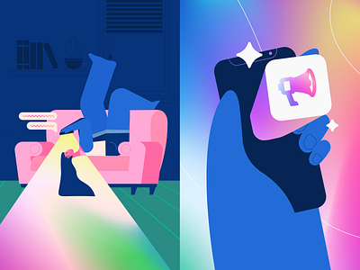 stuck on that app 2d app colorful colors colour girl gradient hands illustration illustrator living room phone sofa
