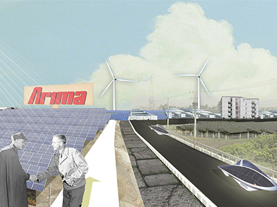 Future Techology 2d collage future solar panel urban wind turbine
