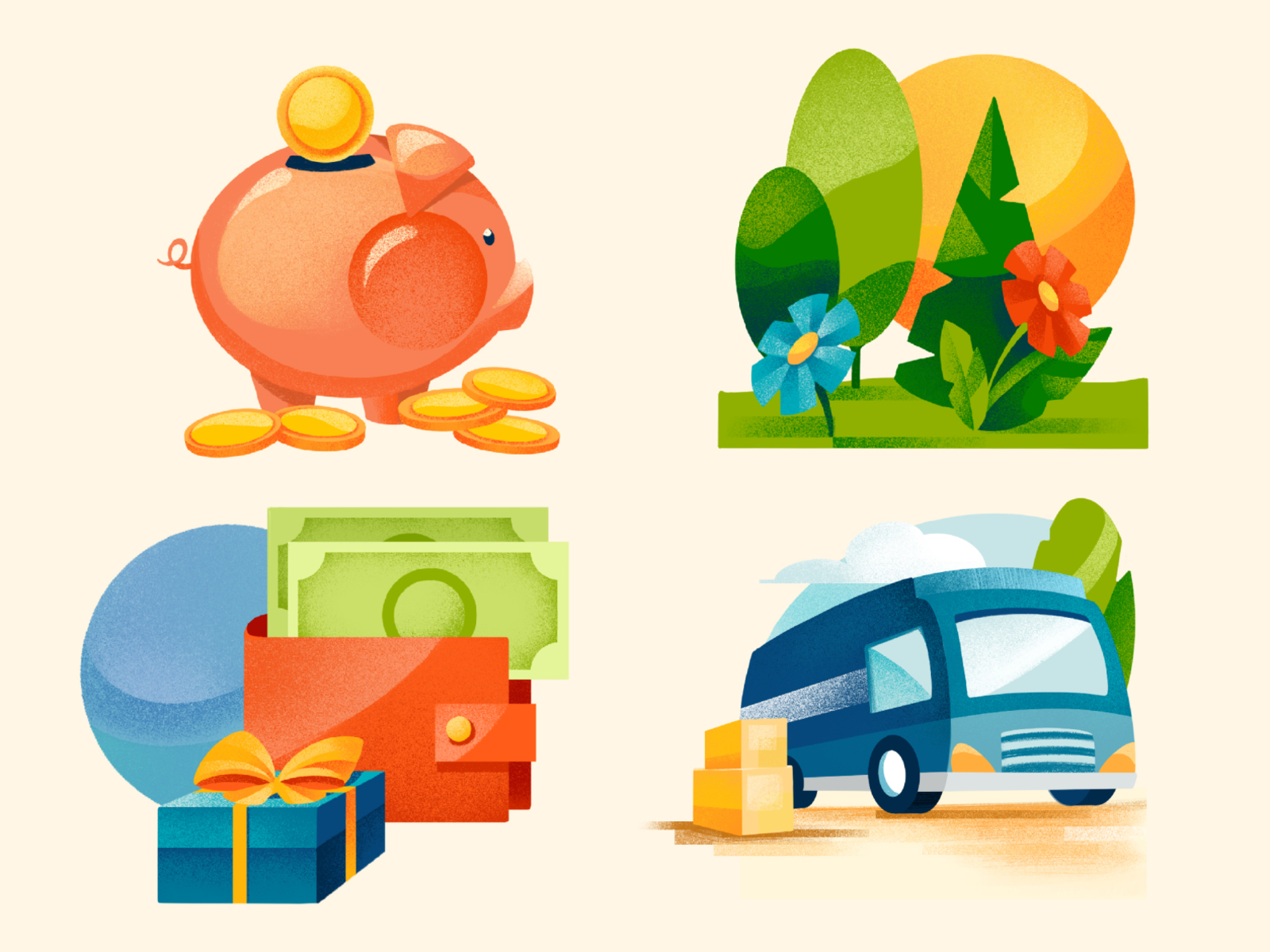 Icons - Greenopolis board game boardgame chiara vercesi electric van flowers green icons icons design illustration piggybank procreate savings sustainability taxes texture trees wallet