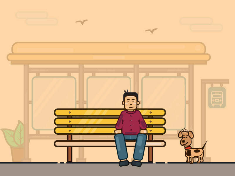 A Monday morning at a Bus Stop dog bus stop icon dribbble india beauty nature outline monday blues ui branding city vector poster fun colours learning rookie illustration design