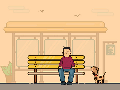 A Monday morning at a Bus Stop beauty branding bus stop city colours design dog dribbble fun icon illustration india learning monday blues nature outline poster rookie ui vector