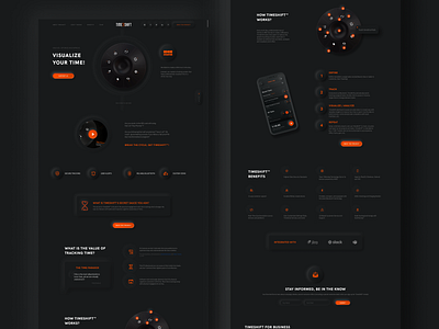 TimeShift timetracker landing page dark mode dark ui design device digital figma kickstarter landing page management minimalism neumophism orange shadow skeumophic time timetracker ui ux webdesign website