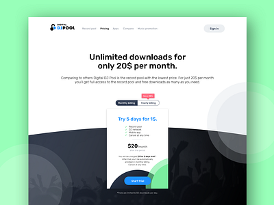 Digital DJ Pool - Pricing page cards clean dj header navigation landing page menu music pricing pricing card pricing page ux ui