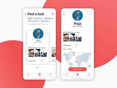 Couchsurfing App app berlin branding clean dailyui design illustration mobile design planet product product design red redesign swipe travel ui ux uxdesign visual design web