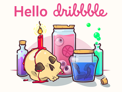 Hello Dribbble debut eyeball flame illustration potion skull