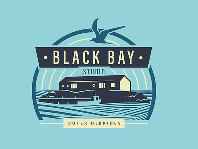 Black Bay Studio Logo boats crest fishing graphic design island logo logo design marine music sea shore waves